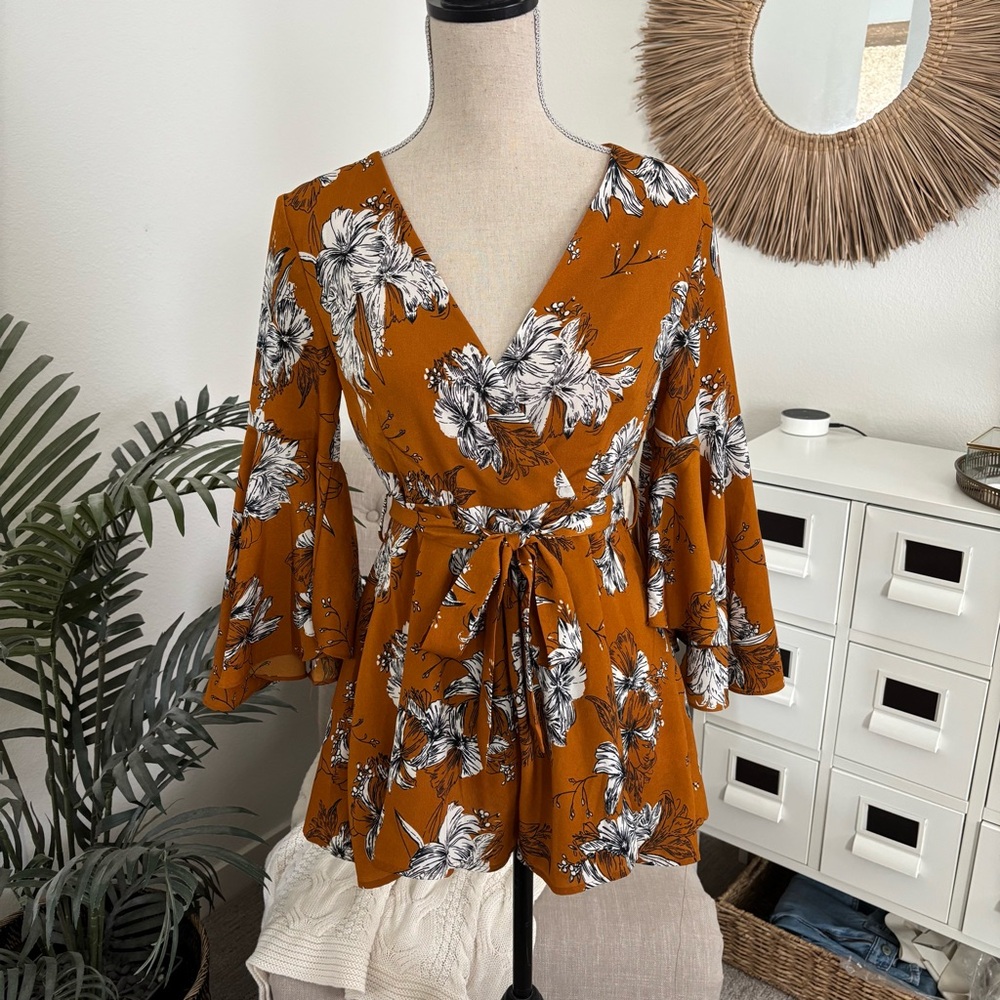 L’atiste Mustard Yellow Bell Sleeve Floral Wrap Romper Tie Belt Medium